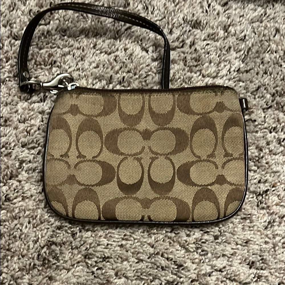 Brown and Tan Coach Signature Wristlet